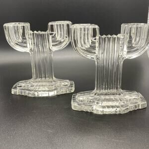 Art Deco Anchor Hocking Queen Mary pair‎ Depression glass candlestick holders